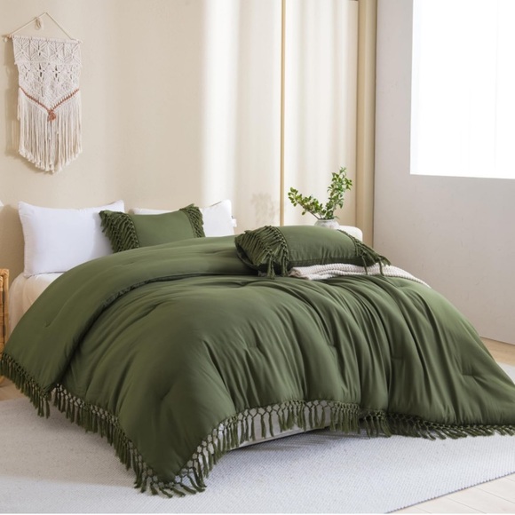 Olive green bohemian tassel comforter set 3 pcs king queen - Picture 4 of 8